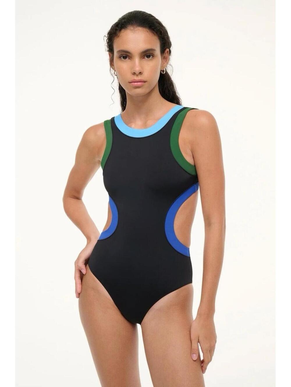 NWT Staud Dolce Cutout One Piece Swimsuit Navy Green Blue Swim Sea Large - Picture 1 of 5
